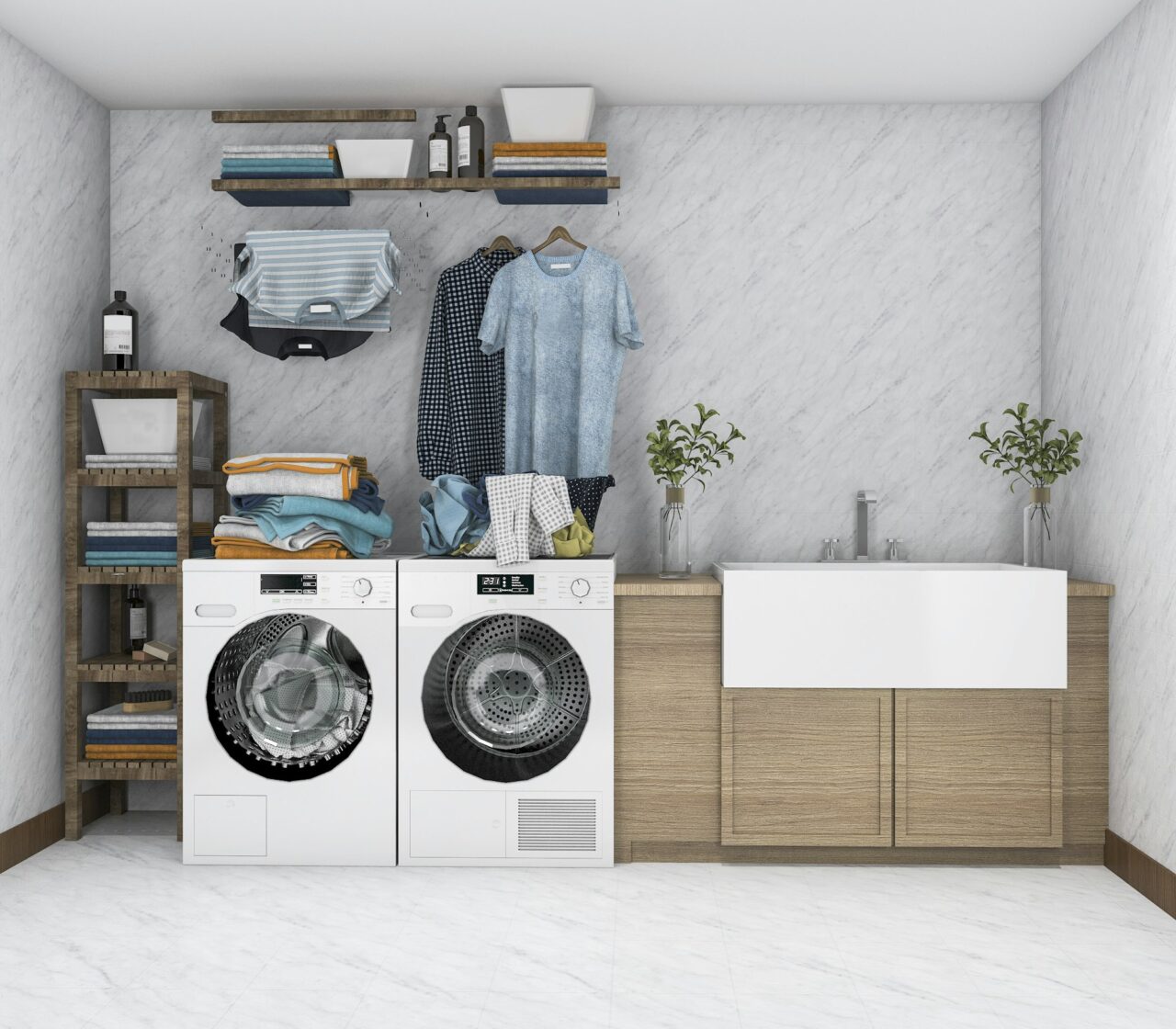 3d rendering washing machine in vintage laundry room